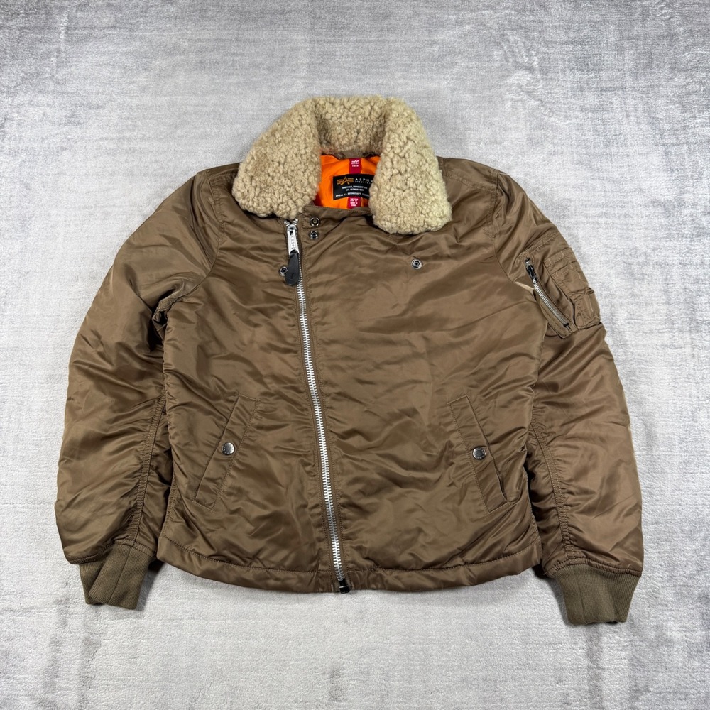 Alpha Industries Jacket Men XS Brown Flight Shearling Collar Asymmetrical Zip